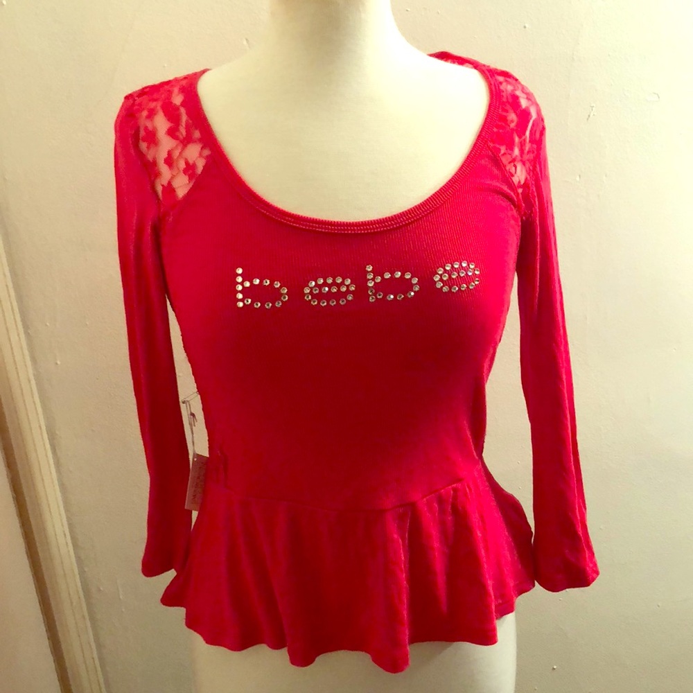 Bebe Lace Peplum Logo blouse